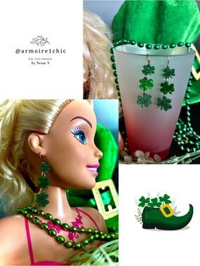 GREEN SPARKLE SHAMROCK TRIO DANGLING EARRINGS | on Rose Gold Toned French Hooks